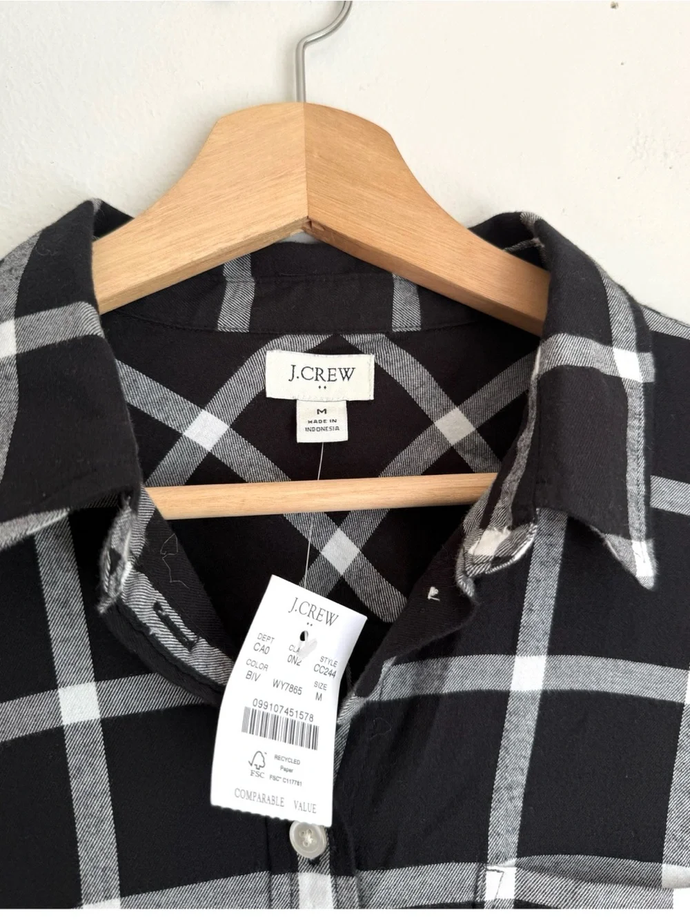 NWT J. Crew Windowpane Plaid Button Down Shirt in Black
